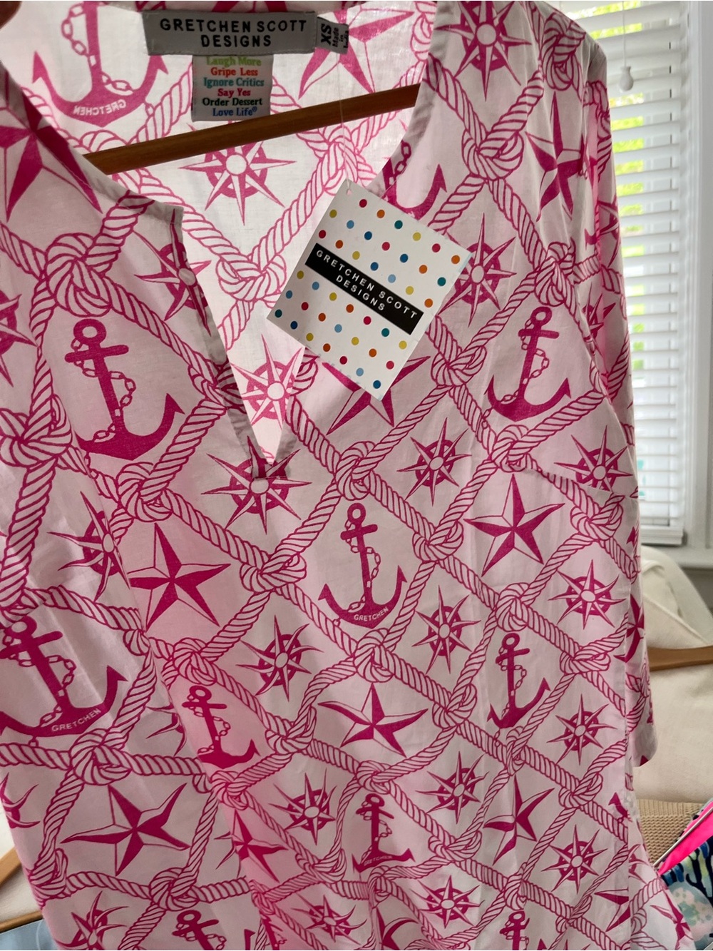 NEW XS Gretchen Scott Designs Pink Nautical Anchor & Compass Print Tunic